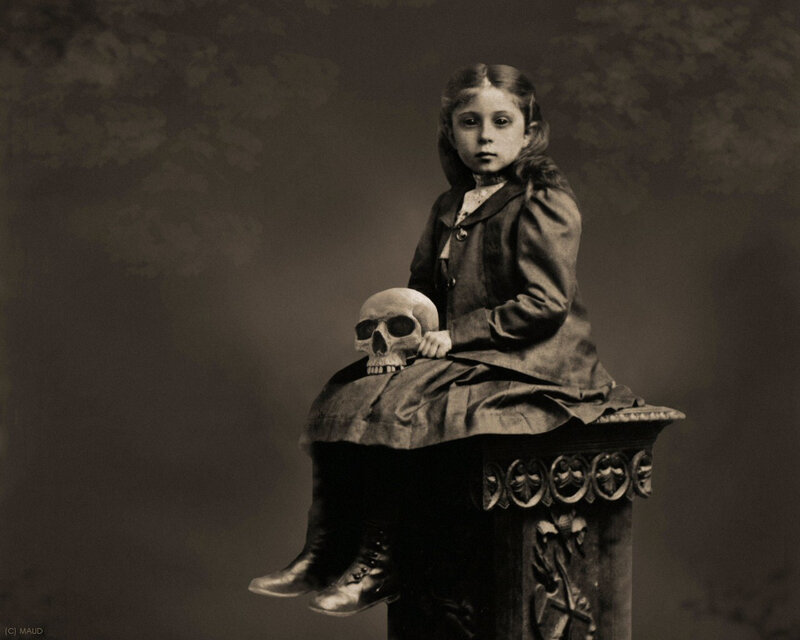 Girl with skull on pedestal