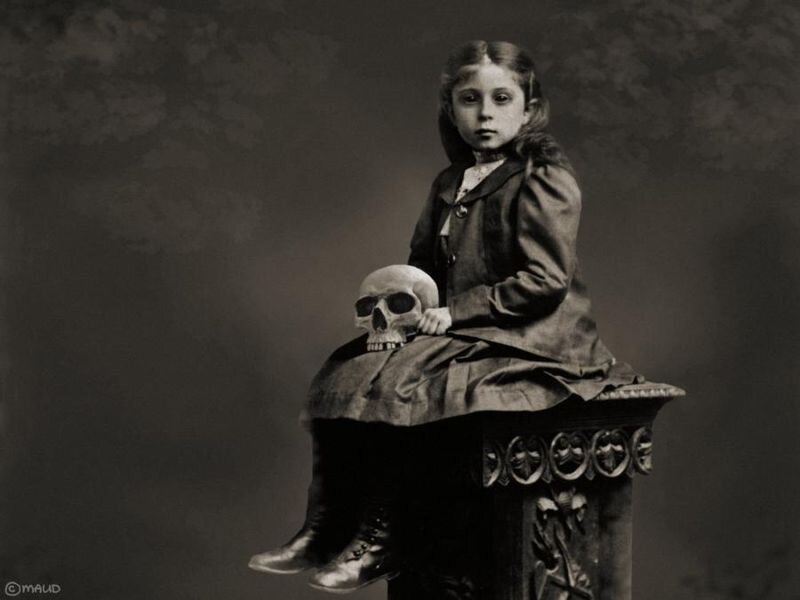 Girl with skull on pedestal