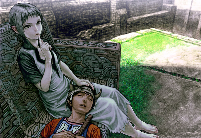Girl with sleeping boy