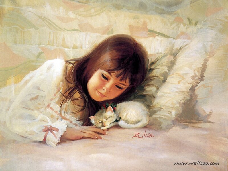 Girl with sleeping kitten