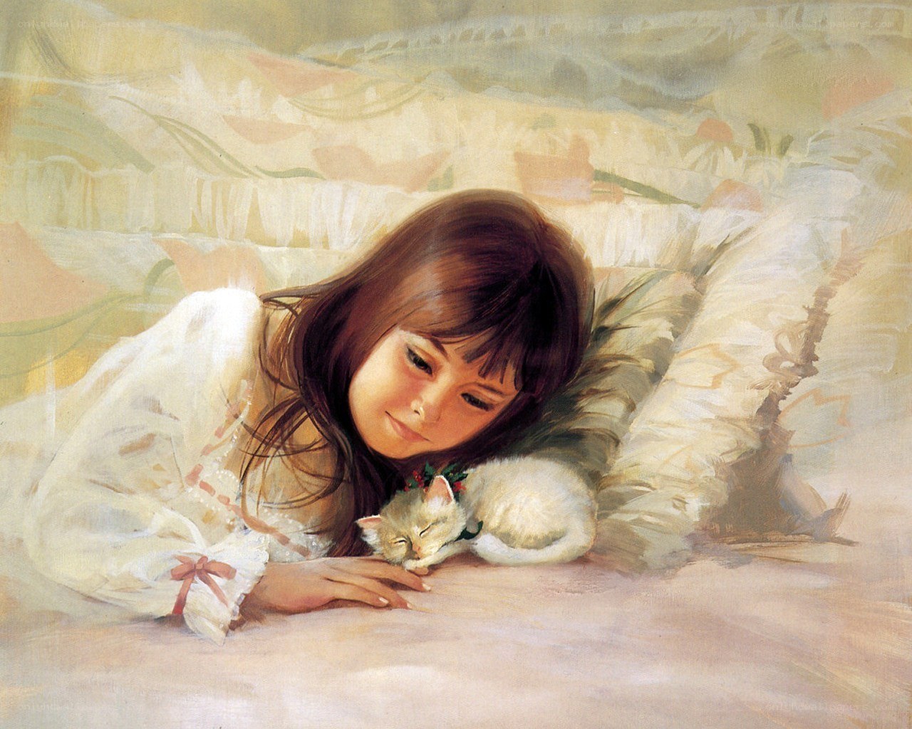 Girl with sleeping kitten
