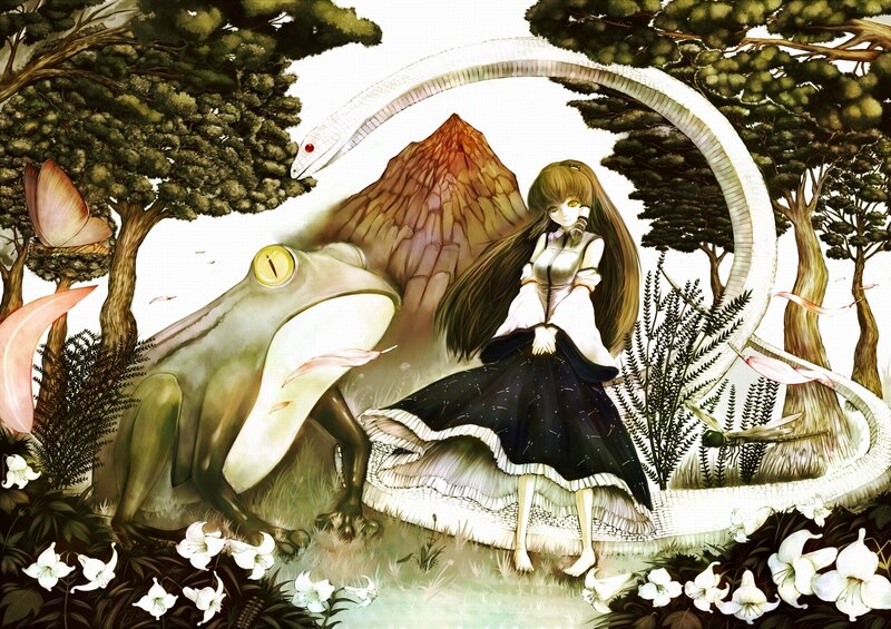 girl with snake and frog in forest