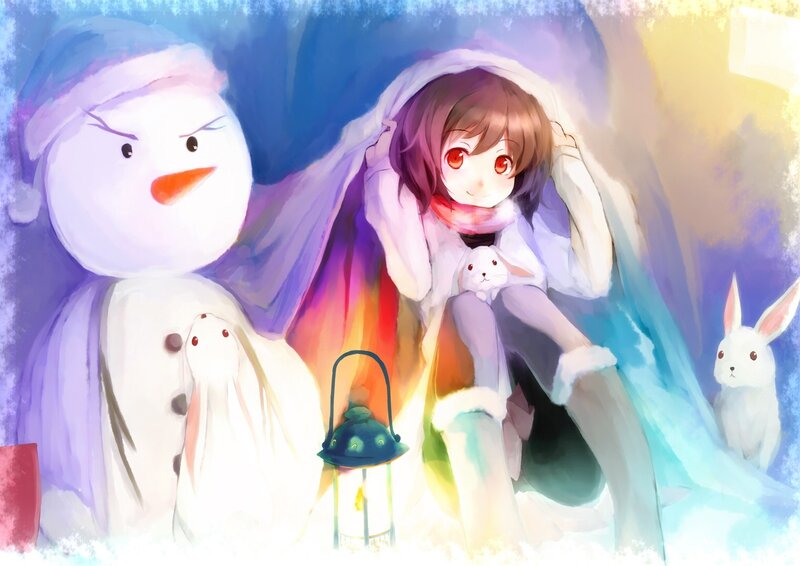 Girl with snowman and rabbits