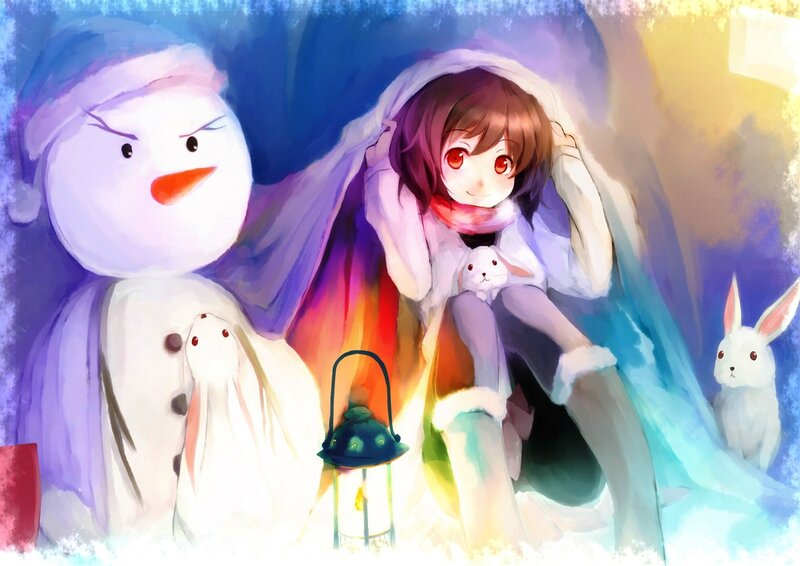 Girl with Snowman — Blue, Cozy