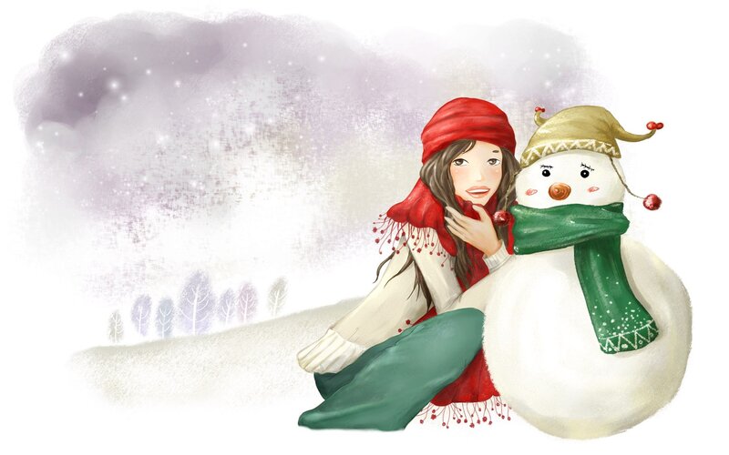 Girl with snowman in winter