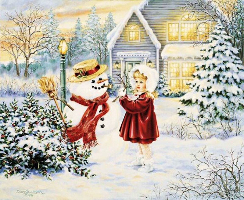 Girl with Snowman — White, Peaceful