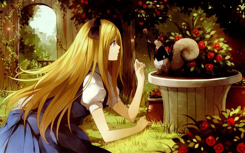 girl with squirrel in garden