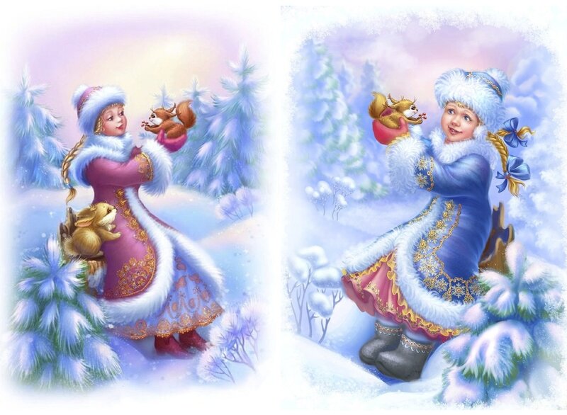 Girl with Squirrels in Snow
