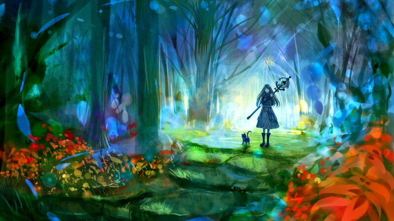 Girl with Staff in Forest — Blue, Magical