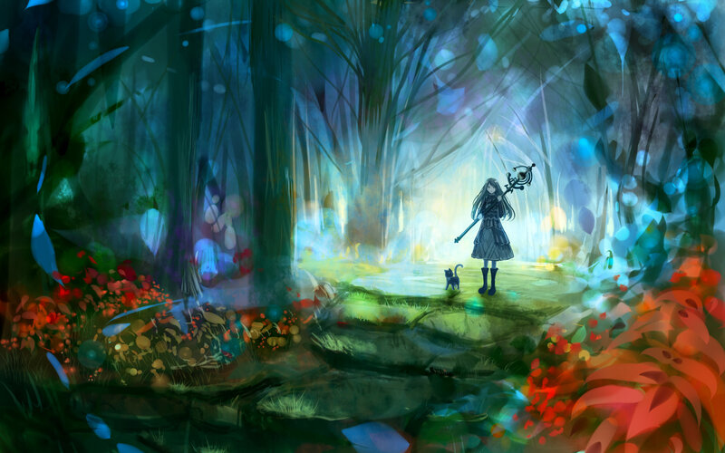 Girl with Staff in Forest — Blue