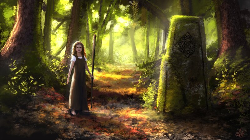 Girl with Staff in Forest — Green