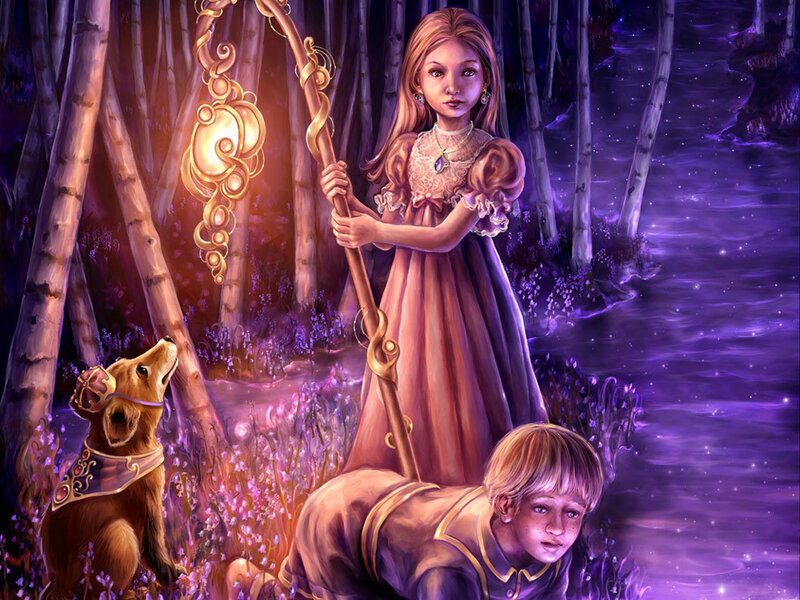 girl with staff in purple forest