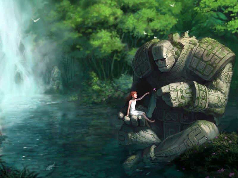 Girl with stone giant by waterfall