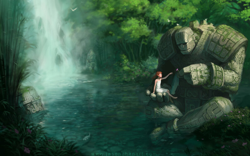 Girl with stone giant in jungle
