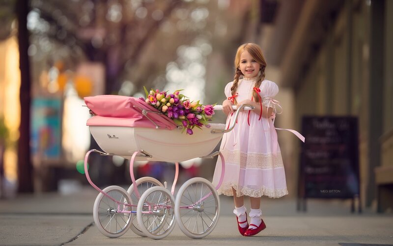 Girl with Stroller — Pink, Cheerful