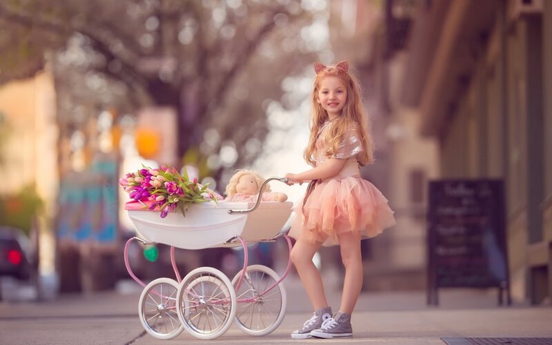Girl with Stroller — Pink, Playful