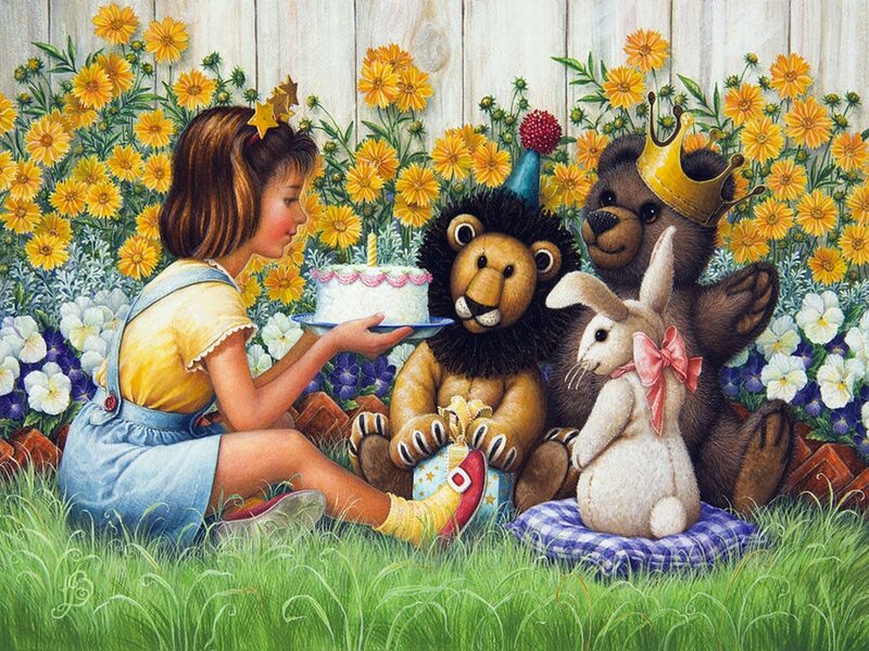 Girl with Stuffed Animals — Green