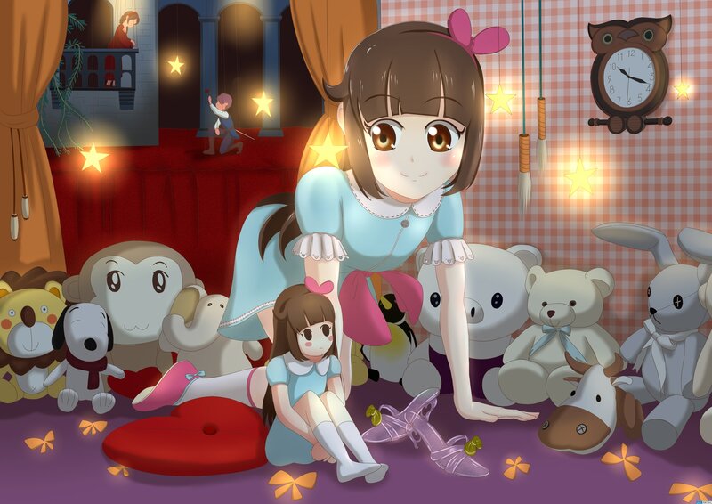 Girl with Stuffed Animals — Purple