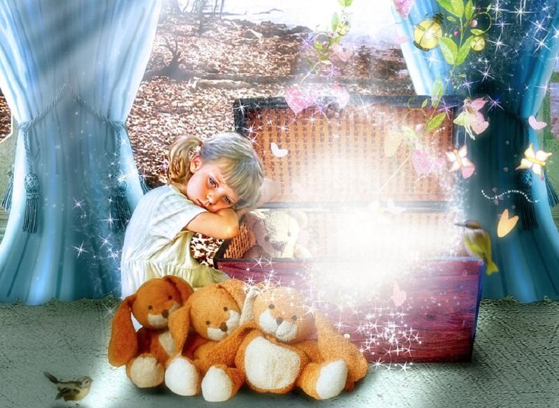 Girl with Stuffed Animals