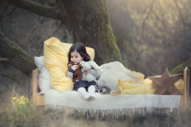 Girl with Stuffed Animals — Yellow, Serene