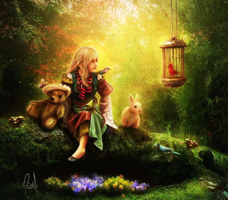 Girl with Stuffed Bear — Green