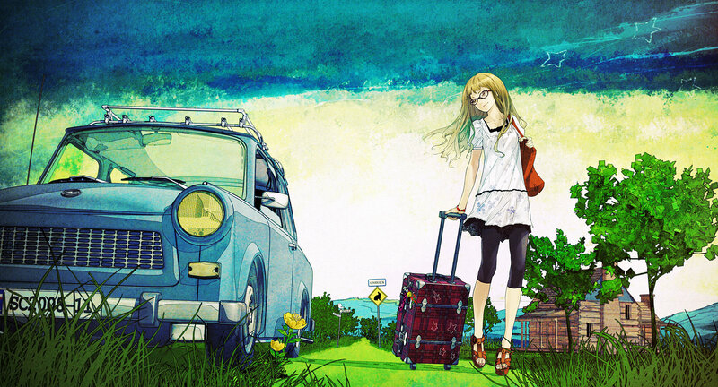 Girl with Suitcase and Car