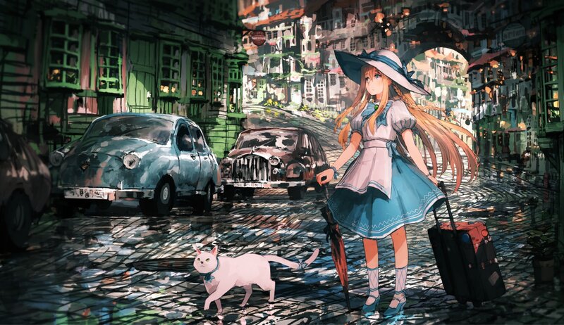 Girl with Suitcase and Cat