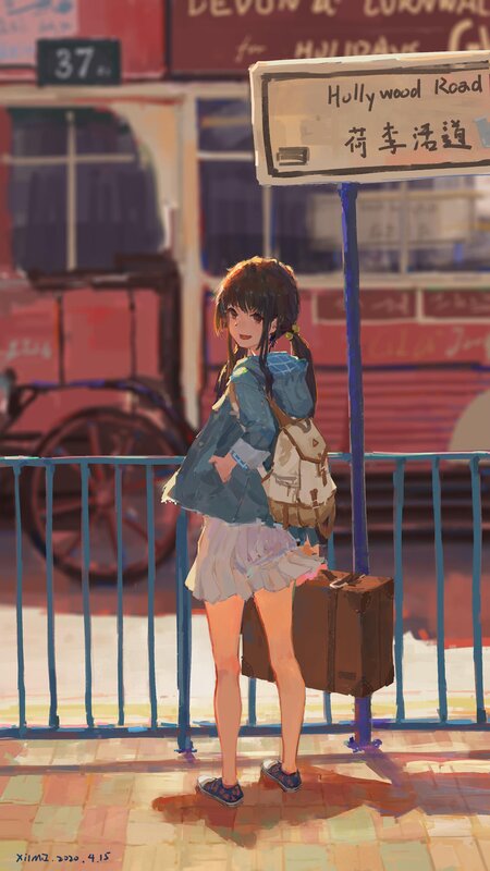 Girl with Suitcase at Bus Stop — Blue