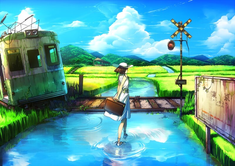 Girl with Suitcase at Crossing