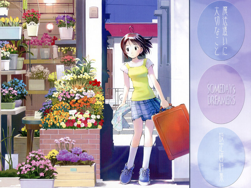 Girl with suitcase at flower shop
