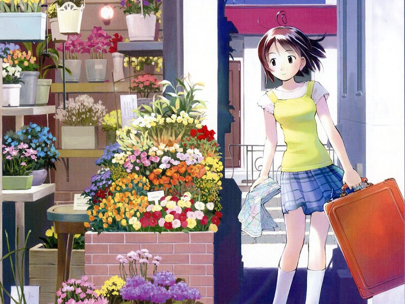 girl with suitcase at flower shop