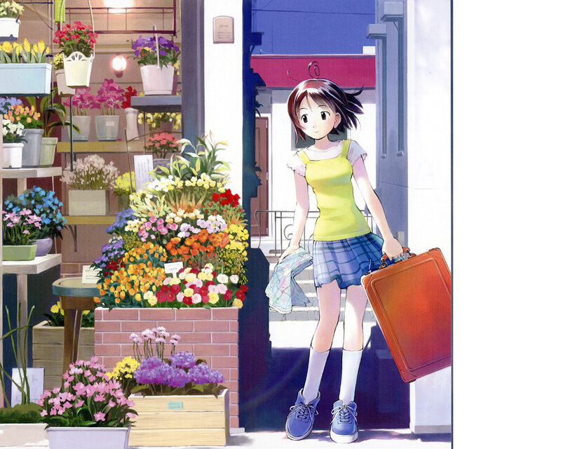girl with suitcase at flower shop