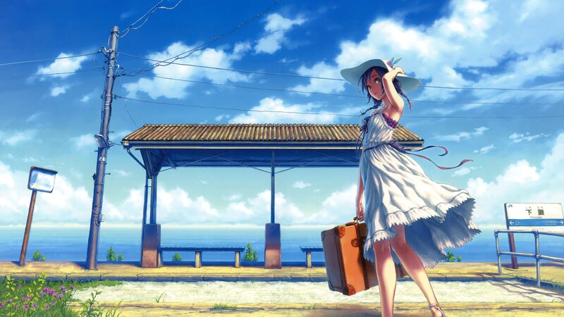 Girl with Suitcase at Station — Blue, Serene, Afternoon, Anime, Hat