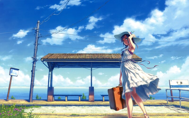 Girl with Suitcase at Station — Blue, Serene, Afternoon, Anime