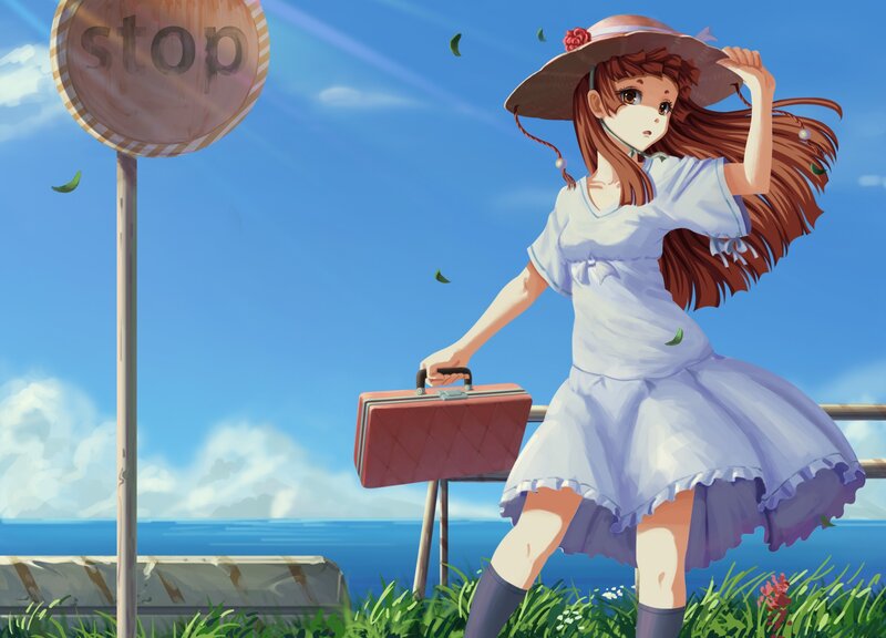 Girl with suitcase at stop sign