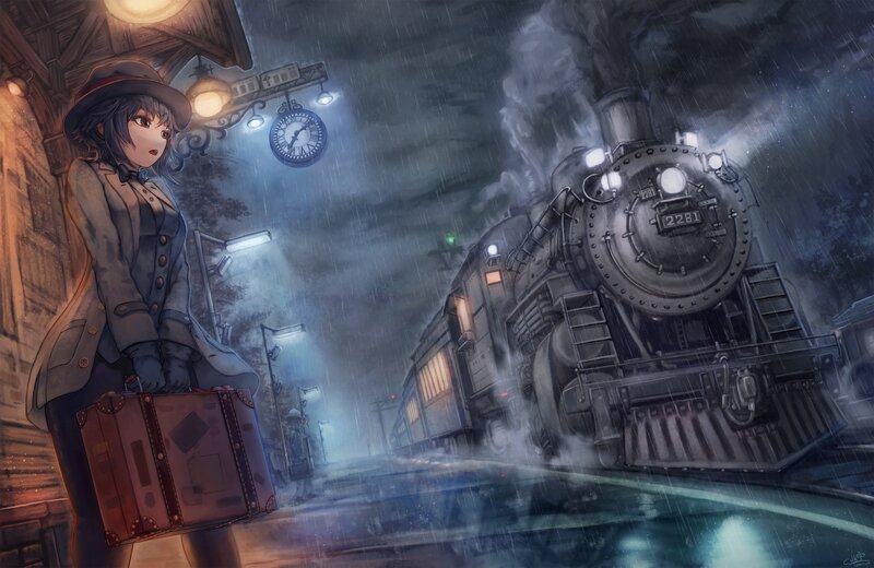 Girl with Suitcase at Train Station — Gray