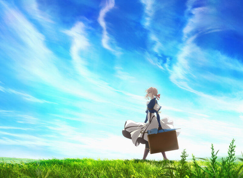 Girl with Suitcase — Blue, Serene, Afternoon, Anime, Grass Field