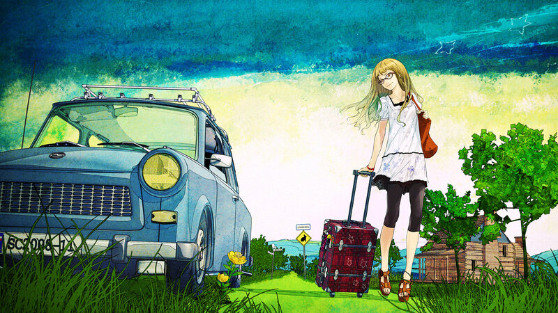 girl with suitcase by car