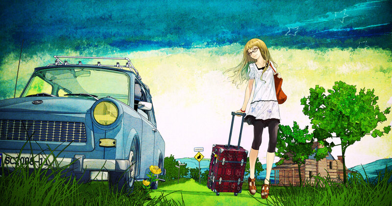 girl with suitcase by car