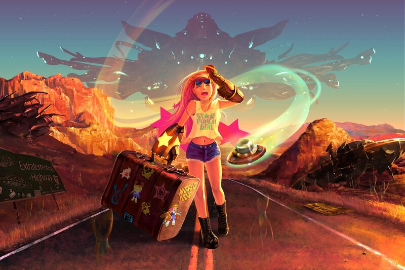 Girl with Suitcase on Road