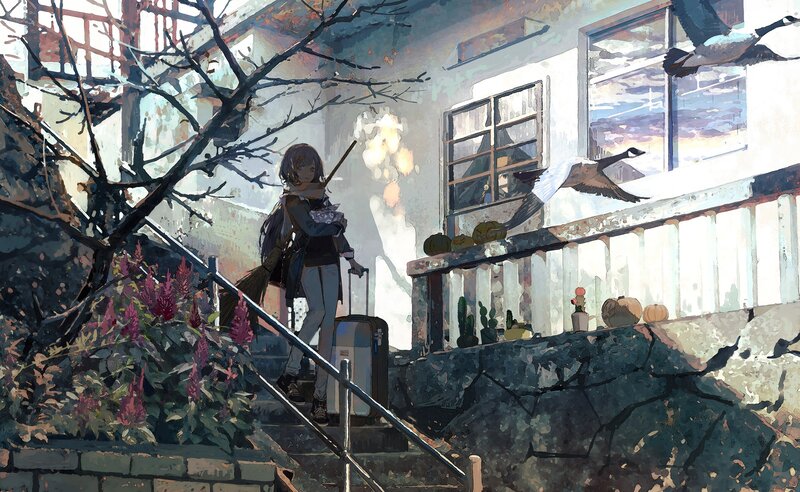 Girl with Suitcase on Stairs