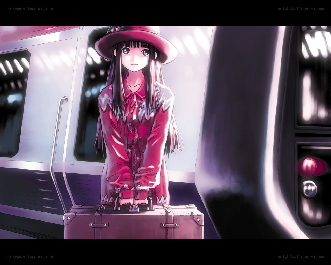 girl with suitcase on train