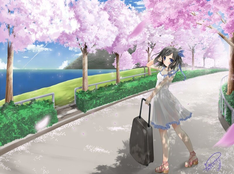 Girl with suitcase under cherry blossoms