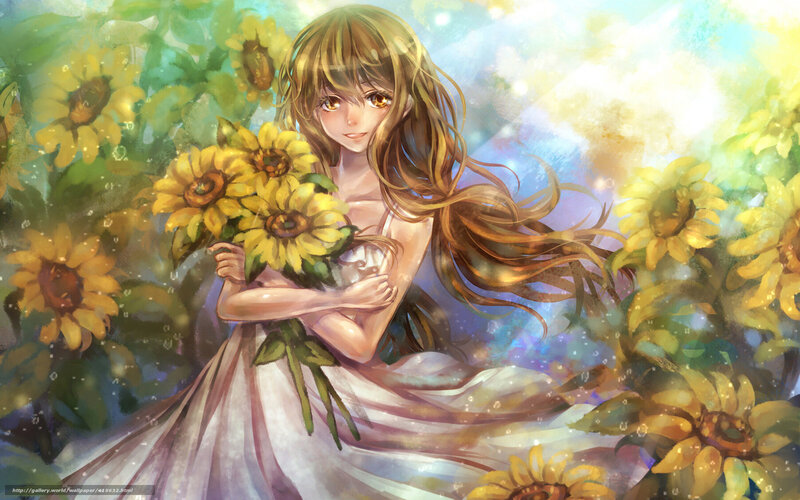 Girl with sunflowers in field