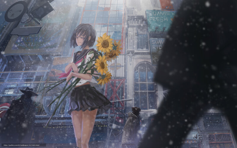 Girl with sunflowers in snow