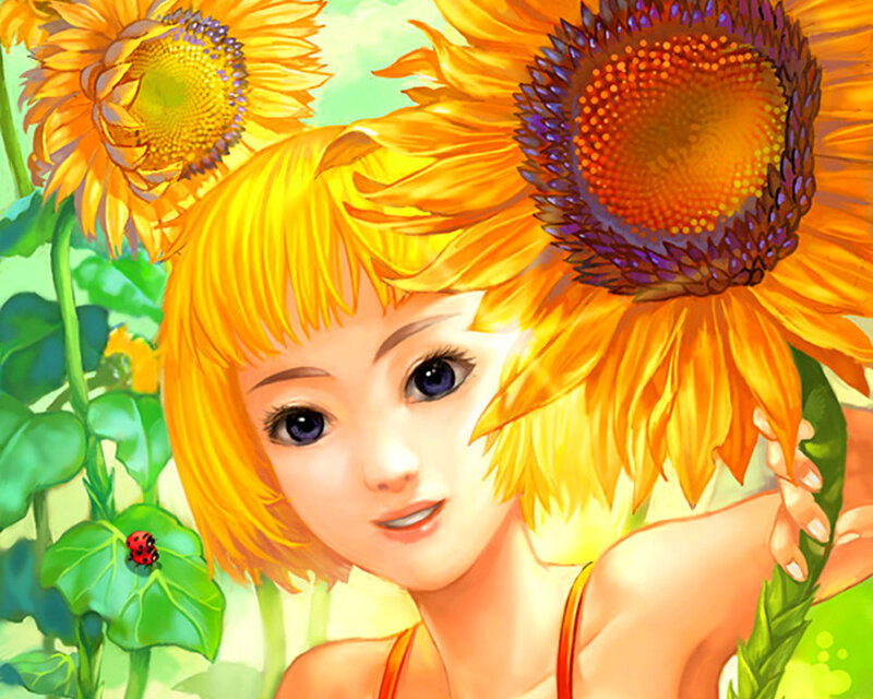 Girl with Sunflowers — Yellow, Serene, Summer