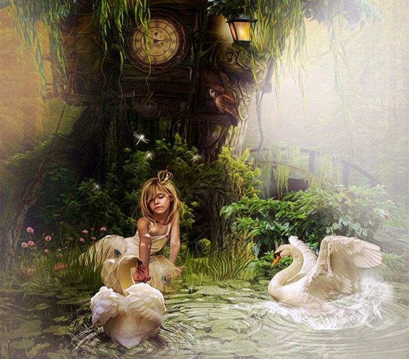 Girl with Swans in Pond