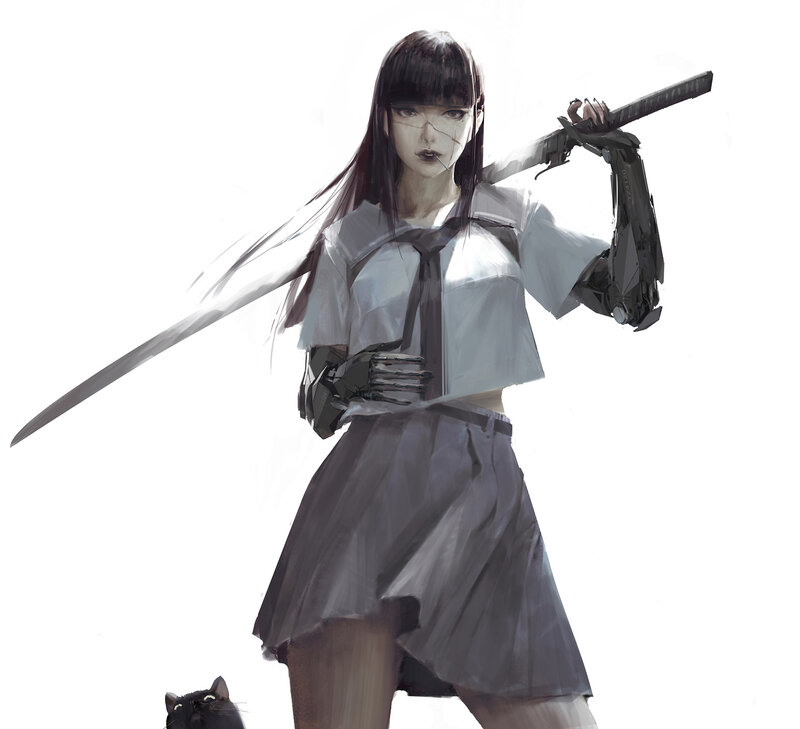 Girl with Sword and Cat