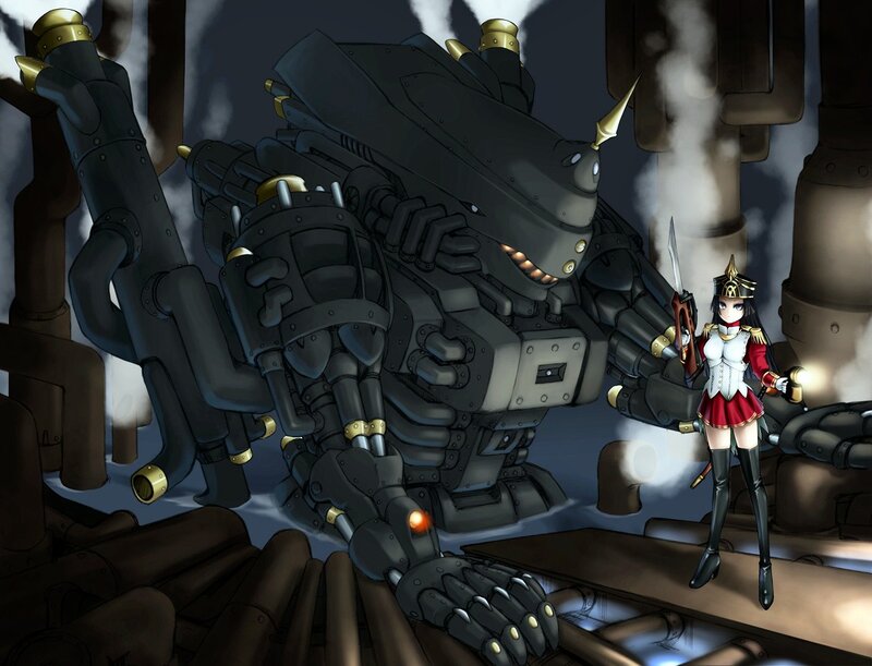 Girl with sword and giant robot