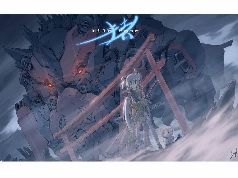 girl with sword and giant robot